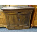 Oak blind panelled cupboard top with three drawers, probably originally from a cupboard on chest