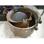 A large copper two-handled cooking pot, a copper coal bucket ETC Condition Report: please