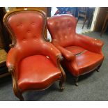 Two similarly covered antique armchairs Condition Report: please request* *Condition is not stated