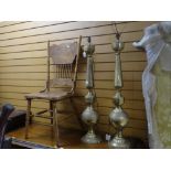A pair of yellow metal Islamic-style table lamps & a modern carved kitchen chair Condition Report: