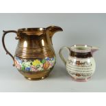 A Sunderland-type lustre jug with motto & a ribbed copper lustre jug Condition Report: please