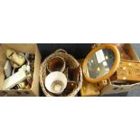 Parcel of various kitchenware including flatware, jugs, wicker basket, pine toilet mirror ETC