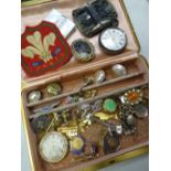 A jewellery box & contents including costume jewellery, a Welsh embroidered rugby badge, a gold