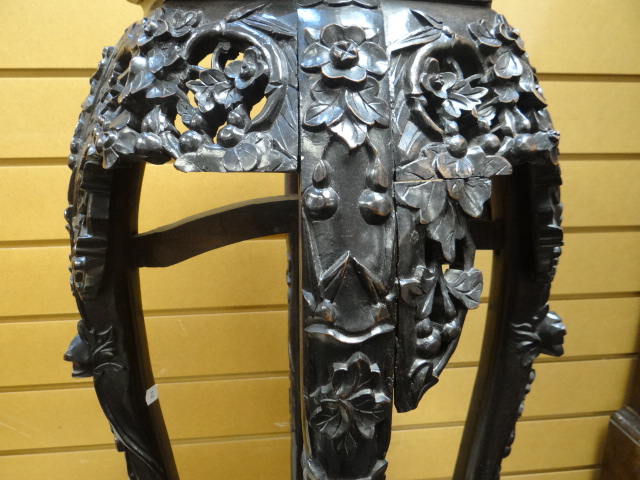 An ebonized & naturalistically carved Oriental planter stand with marble insert top, 76cms high. - Image 5 of 7