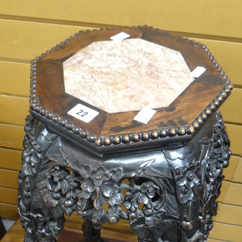 An ebonized & naturalistically carved Oriental planter stand with marble insert top, 76cms high. - Image 2 of 7