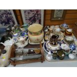 A large quantity of mixed pottery & china, a glass & wooden book-trough, sundry vintage razors ETC