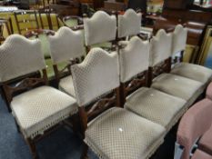 6+2 antique oak drawing room chairs with tapestry seats & back, the carvers with padded arms