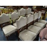 6+2 antique oak drawing room chairs with tapestry seats & back, the carvers with padded arms