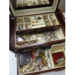 A modern mirrored jewellery box with single drawer with contents of mixed costume jewellery, pearls,