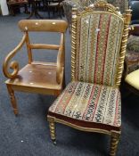 An antique gilded carved hall-chair with tapestry-seat & back together with a wooden elbow chair (2)