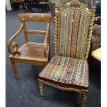 An antique gilded carved hall-chair with tapestry-seat & back together with a wooden elbow chair (2)