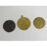 A gold George II spade guinea & two earlier coins, one dated 1702 the other with George III