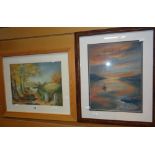 A framed SALLY PEARCE soft pastel landscape & another by the same artist of a sailing ship at sunset