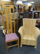 A modern wicker armchair & a lightwood Mackintosh-style chair with tall back Condition Report: