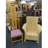 A modern wicker armchair & a lightwood Mackintosh-style chair with tall back Condition Report: