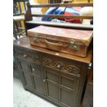 A mid-century carved dresser with plate rack & vintage suitcase Condition Report: please request via