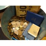 A vintage tin hat box with name plate for J Treharne containing a mass of old coinage