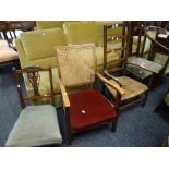 A vintage ladder back chair with rush seat, a cane back chair & another Condition Report: please