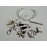 A small parcel of jewellery including Art Deco drop earrings, a modern silver bangle, floral brooch,