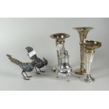 Three weighted silver trumpet vases (damage), silver pepperette and a pair of filigree enamel