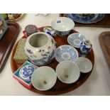 Collection of Oriental porcelain & other items including snuff bottle, rice bowl, pair of bowls,