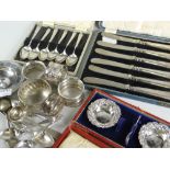 A parcel of mixed silver items including dish, teaspoons, cased set of silver salts, two cased