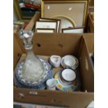 A box of china, a glass decanter & a parcel of small framed signed prints Condition Report: please