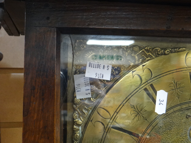 A George II oak encased brass dial longcase clock with Roman numeral chapter ring & with inscription - Image 12 of 13