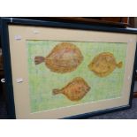 GEMMA JAYNE PAYNE watercolour study of three fish on a green background, framed & glazed