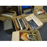 Six boxes of mixed items including metalware, books, vintage quilt ETC Condition Report: please