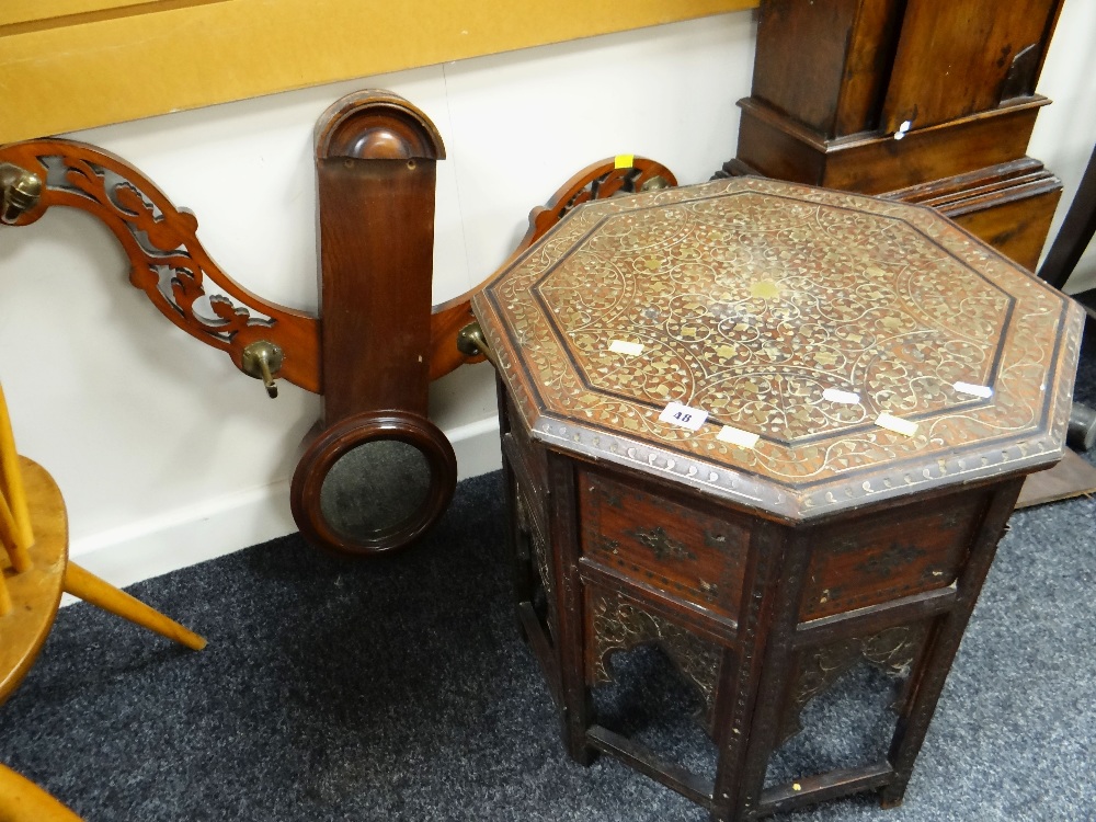 An Islamic-type octagonal table with inlay together with vintage mahogany two-branch hanging hat &