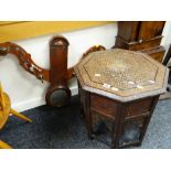 An Islamic-type octagonal table with inlay together with vintage mahogany two-branch hanging hat &