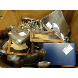 A box of small collectables including corkscrews, crested china, silverware ETC Condition Report: