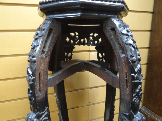 An ebonized & naturalistically carved Oriental planter stand with marble insert top, 76cms high. - Image 3 of 7