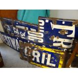 An assortment of vintage enamel signs (distressed & cut)