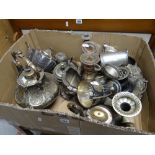 Box of assorted metalware, predominately silver plate to include tankards, trophy cups, spirit