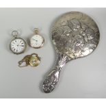 A gold plated pocket watch, a similar silver necklace watch & an Art Nouveau-style silver backed