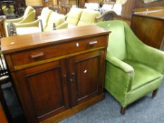 A compact vintage sideboard & a vintage elbow chair Condition Report: please request via email.