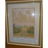 A framed coloured linocut by HALL THORPE entitled 'The Open Gate' Condition Report: please request