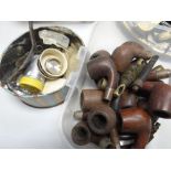 A parcel of vintage smoking pipes & pipe parts together with a tin of old watch parts ETC