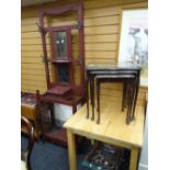 Nest of three coffee tables, modern square pine table & a vintage stained mirror back hall stand