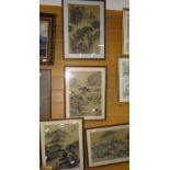 Four Oriental believed watercolours on silk panels depicting rural life, each with signatures /