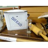 Enamel bread bin & cover, wooden tray, rolling pin, butter pats & mixer tube Condition Report: