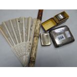 A silver cigarette case, a boxed silver napkin ring, an ivory bamboo effect carved opium pipe ETC