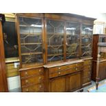 Good large reproduction breakfront bookcase secretaire having a configuration of four astragal glaz