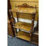 A vintage marquetry three-tier whatnot Condition Report: please request via email. Condition reports