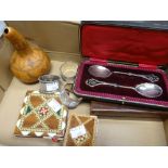 A parcel of collectables including pair of cased silver spoons, marquetry items ETC Condition