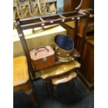 Nest of three reproduction tables, three section umbrella stand, copper & brass coal scuttle &