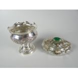 A continental silver lidded casket with green coloured adornment & silver pedestal bowl, 5.9oz gross