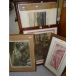 Sundry framed pictures & unframed topographical etching entitled 'The South View of Carmarthen'